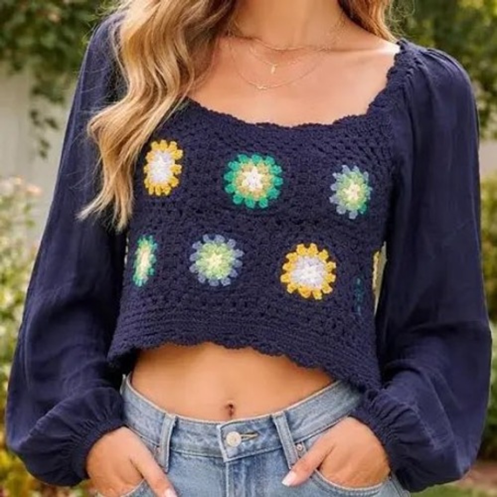 Aerie Navy Blue Crochet Granny Square Floral Puff Sleeve Crop Top Small